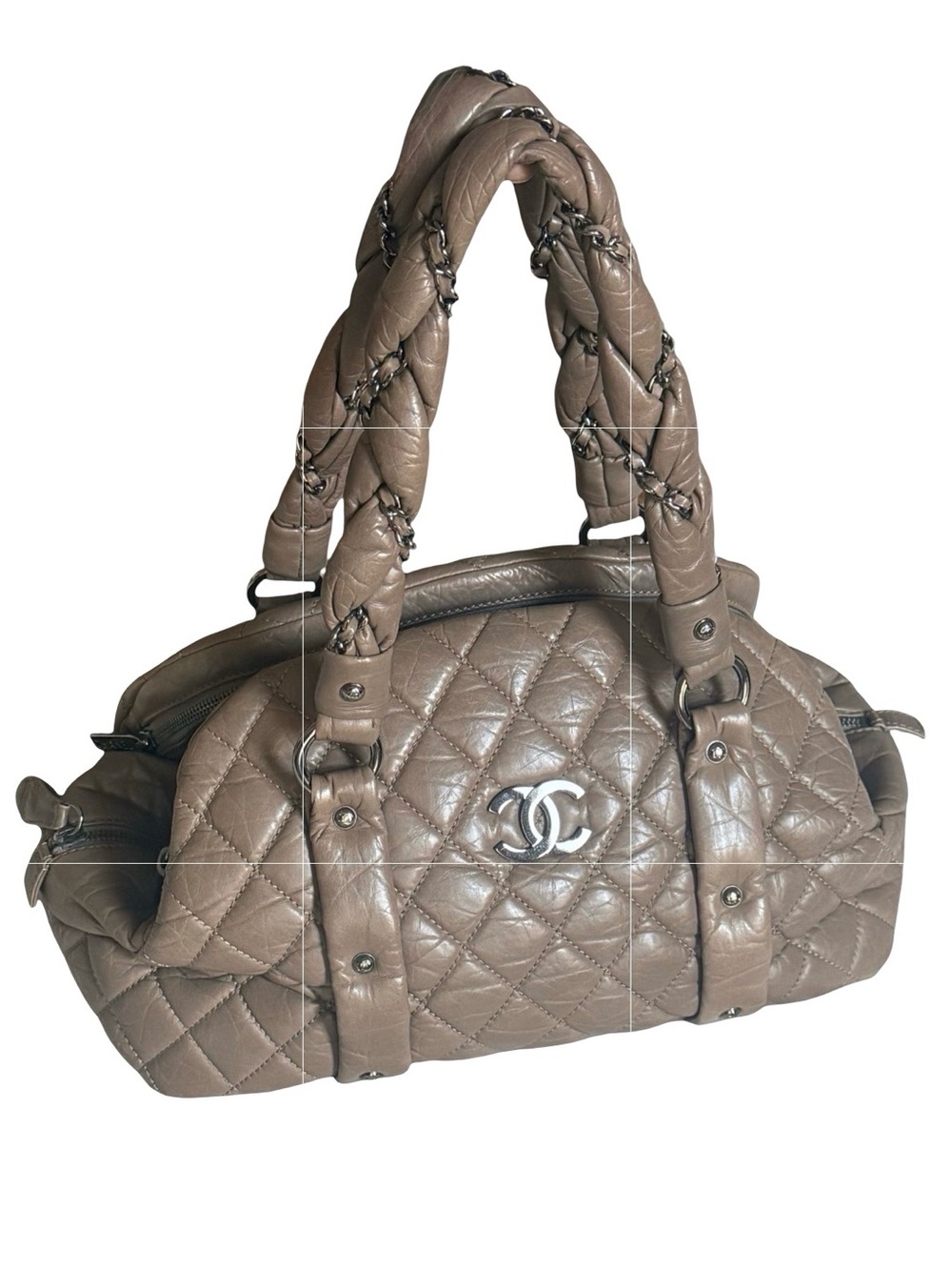 Chanel Lady Braid Bowler Bag  Distressed Lambskin Taupe Quilted Satchel 13”
